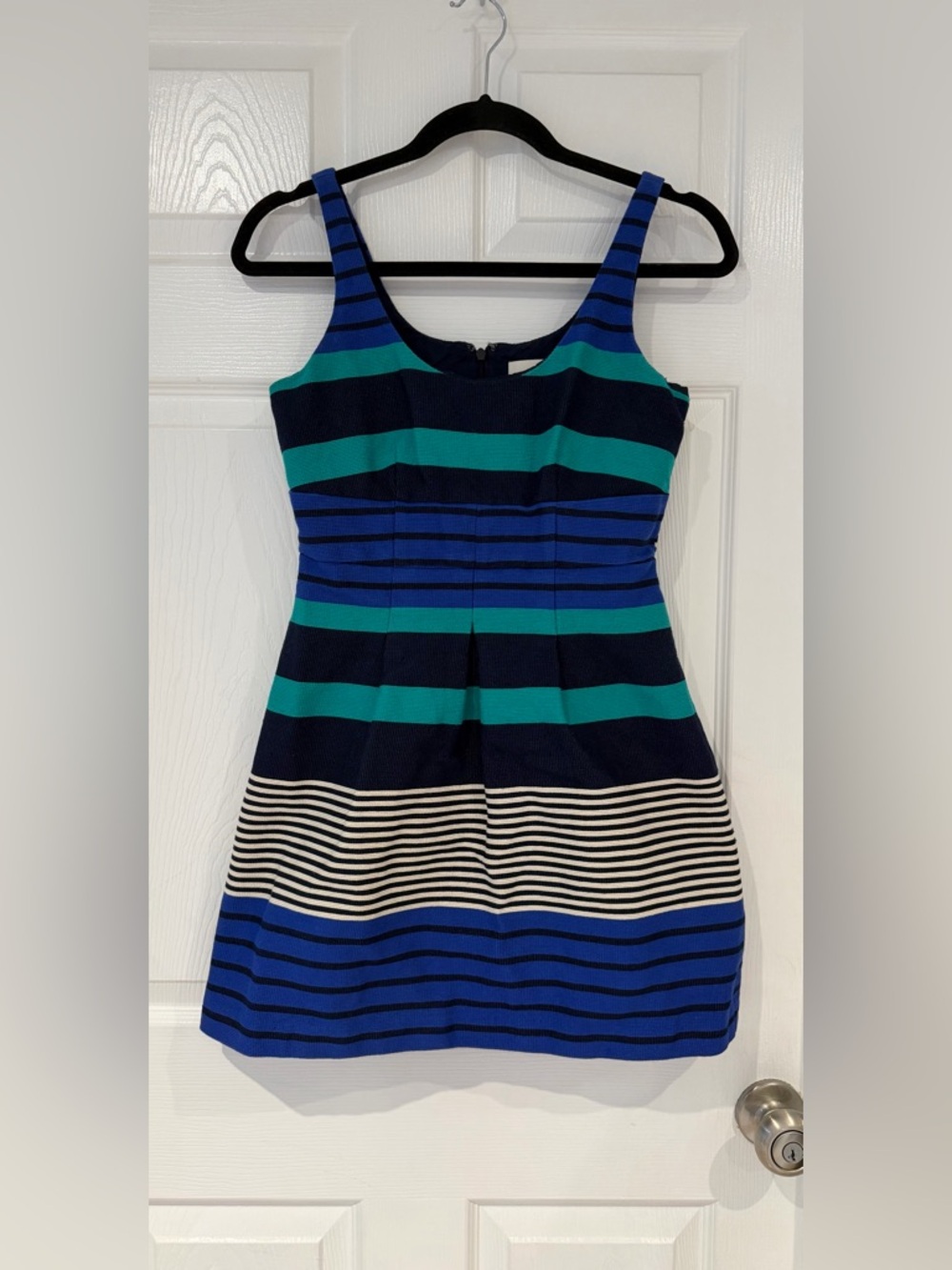 LOFT Petites Striped Fit & Flare Mini Dress 0P Navy Teal Blue Sleeveless Summer